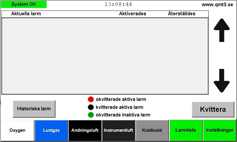 Aktuell larmlista Använd pilarna för att bläddra i larmlistan. Om det det finns okvitterade larm och summern ljuder, kvittera och tystas summer med denna knapp.