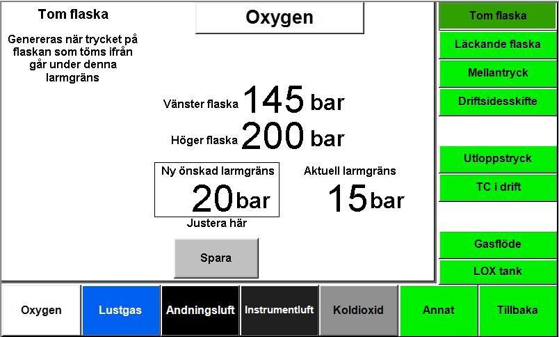 Beroende på vilka larm gasen har kan vissa knappar vara dolda.