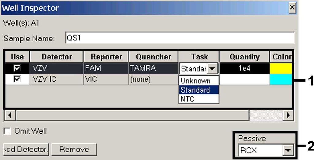 7). Fig. 7: Tilldelning av nödvändig information till plattpositionerna (Well Inspector). Markera de reserverade plattpositionerna för detektionen av VZV-DNA.