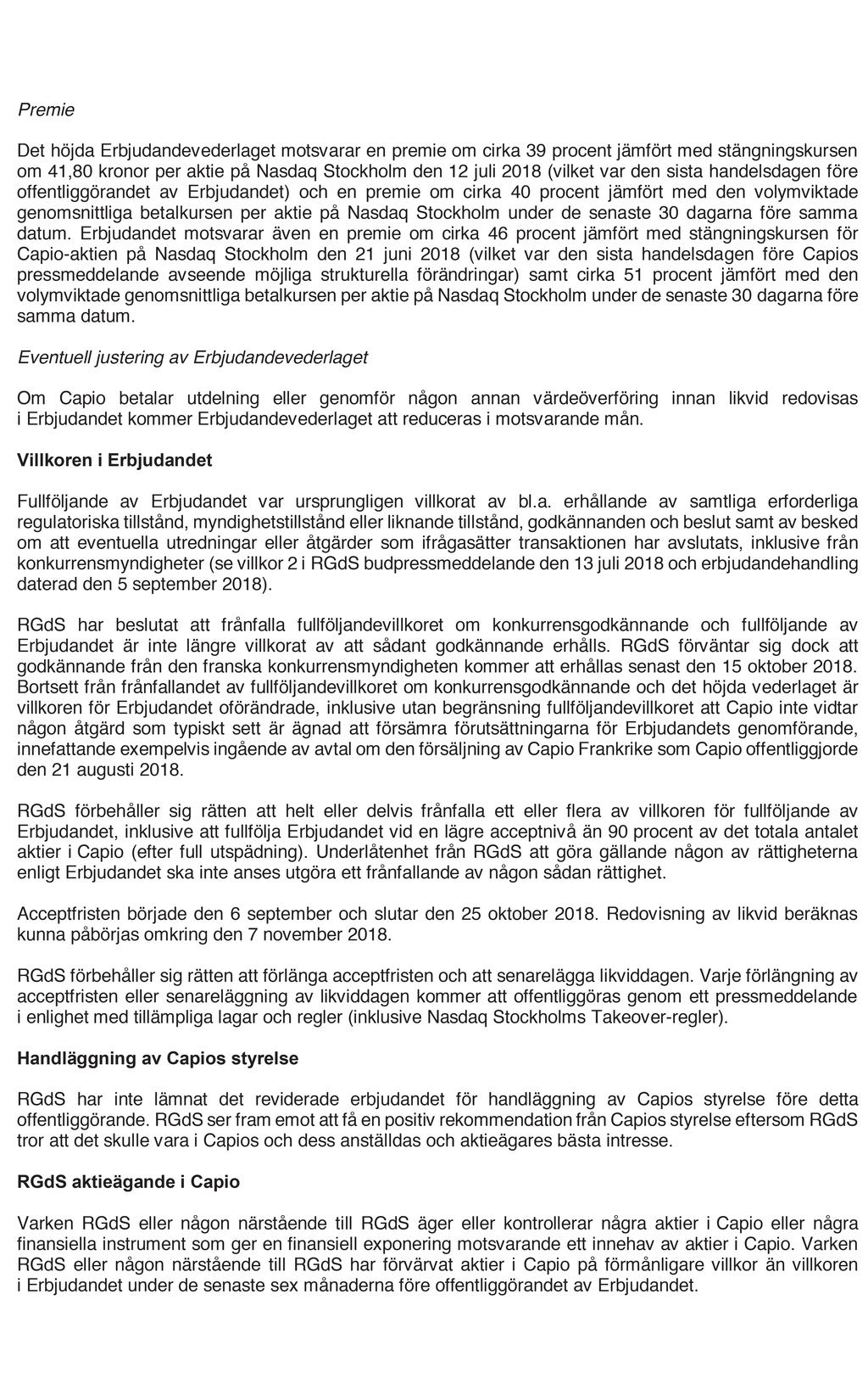 PRESSMEDDELANDE DEN 8 OKTOBER 2018: 4 TILLÄGG TILL ERBJUDANDEHANDLINGEN