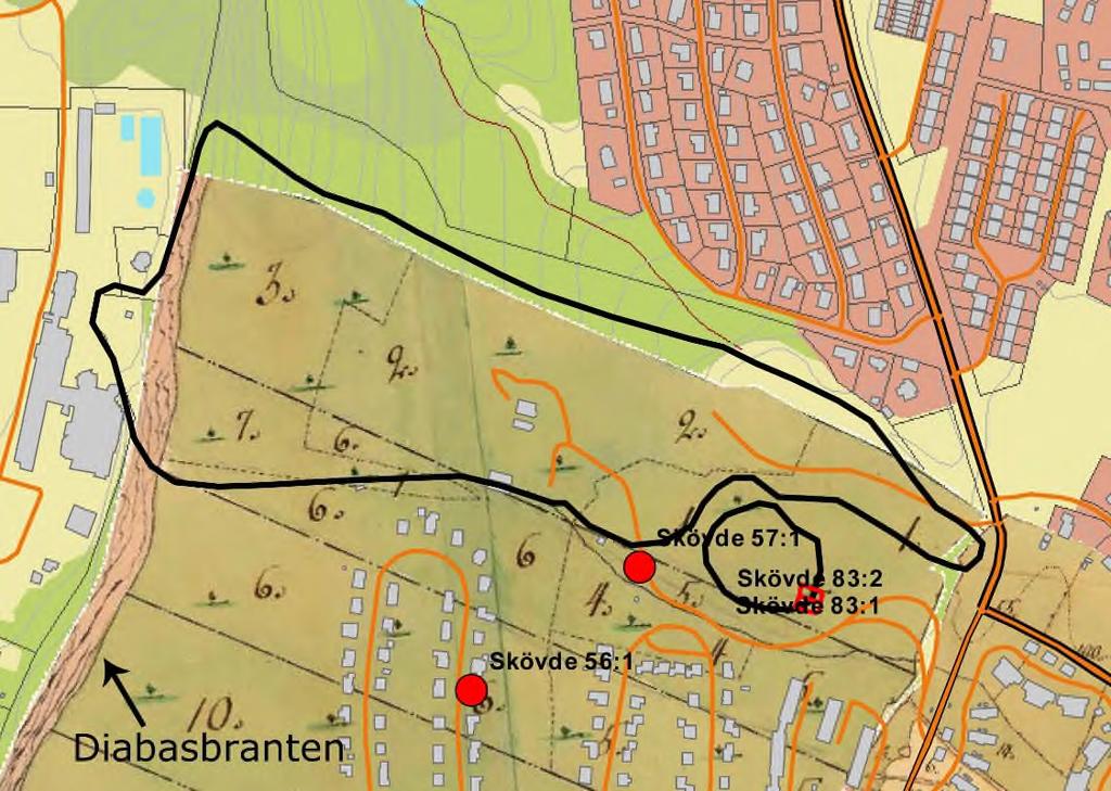 Figur 3. Del av storskifteskartor över Käpplunda by från 1785 och 1787. Dessa har rektifierats mot dagens fastighetskarta och sammanfogats.