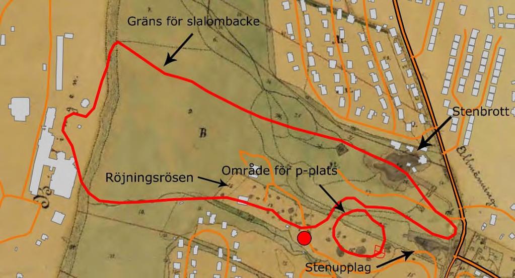 Äldsta studerade kartan med ett brottområde markerat är en karta över Käpplunda by från 1881. Här finns även en mängd röjningsrösen markerade i en åkeryta. Figur 4.