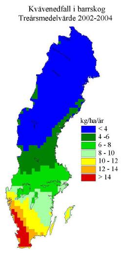 Figur 17. Den totala depositionen av kväve (kg NO 3 -N och NH 4 -N per hektar) i barrskog enligt SMHI:s Sverigemodell, uttryckt som ett medelvärde under perioden 2002-2004. Från Zetterberg m.fl.
