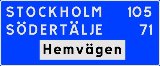 RIKTLINJE 39 (49) Figur 47 Exempel på vägnamn infogat i F13 avståndstavla. Märke F11 sätts normalt upp efter korsningar som bekräftelse på den namnsatta vägens fortsättning.