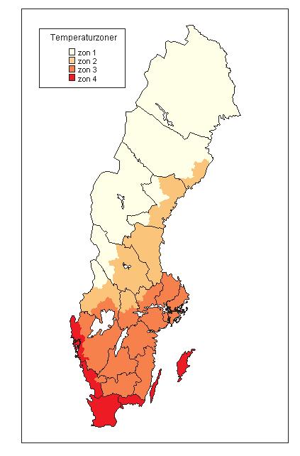 Statens energimyndighet (STEM) och SCB 26 EN 16 SM 0504 Kartor Temperaturzoner Temperature zones På nedanstående karta redovisas temperaturzonindelningen.