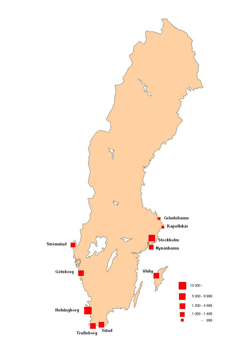 Rikets största hamnar 13 De 10 största svenska hamnarna efter antal passagerare 2008 The 10 largest Swedish ports by number of passengers 2008 Hamn Port Antal passagerare i 1 000-tal Number of