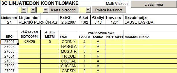 9. Registrering av resultaten Sammandragsblankett 3C: Observationer under inventeringen Livsmiljöer, meter, arter,