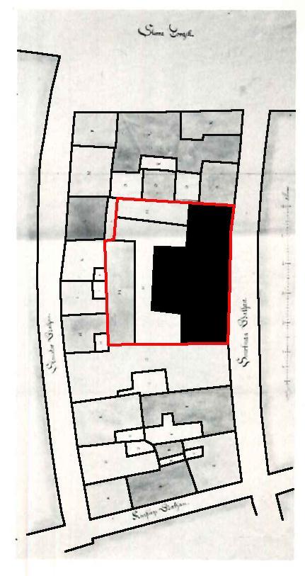 Figur 2: Tomtkarta från 1660. Nuvarande Ceres 13 märkt med röd färg.