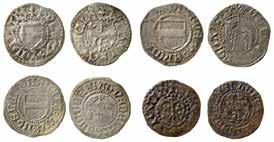 4. Exempel på gotländska hvider från perioden cirka 1450 1520. LL A:1, A:3b, A:5, A:7b. 1. Yngre gotar slagna efter cirka 1410. Överst en gote med hyfsad silverhalt.