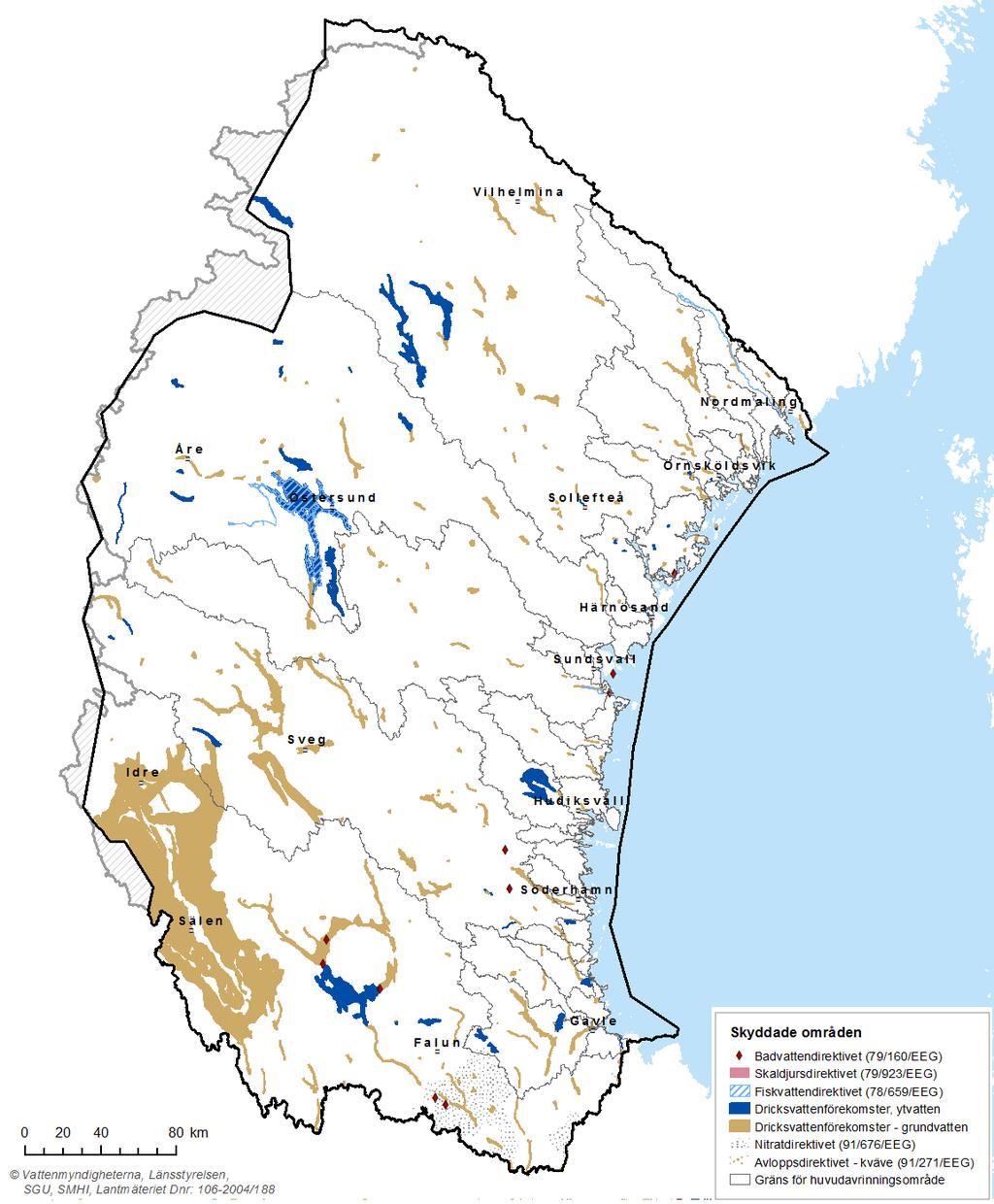 Karta 2.25. Skyddade områden enligt vattenförvaltningsförordningen i Bottenhavets vattendistrikt.