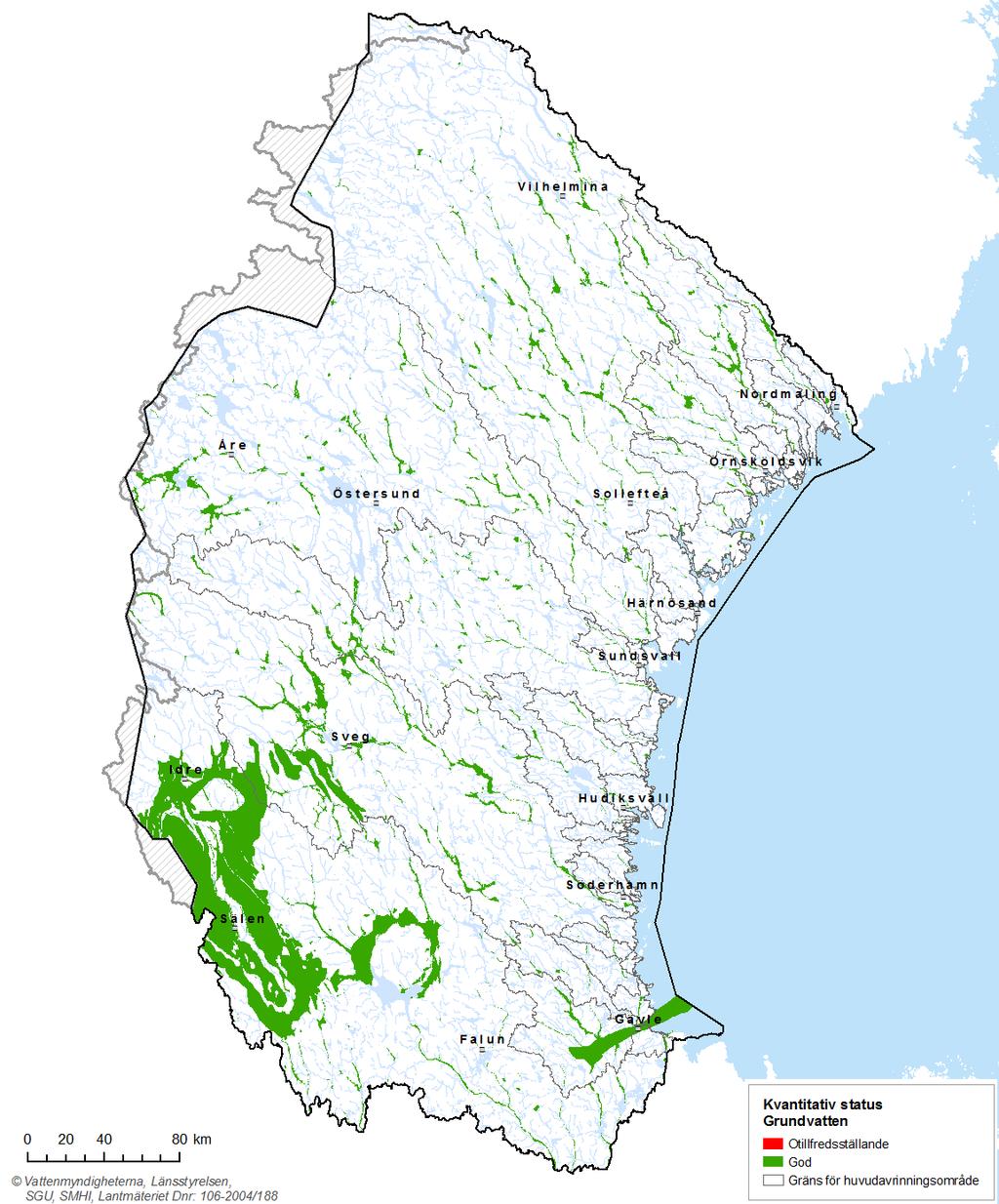 Karta 2.5. Kvantitativ status för grundvattenförekomster i Bottenhavets vattendistrikt.