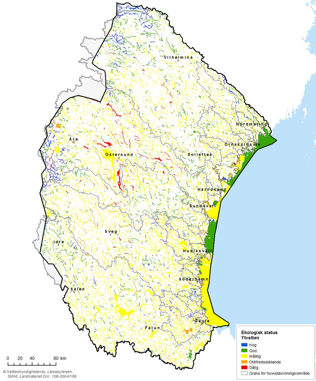 Karta 2.9. Ekologisk status för ytvattenförekomster i Bottenhavets vattendistrikt.