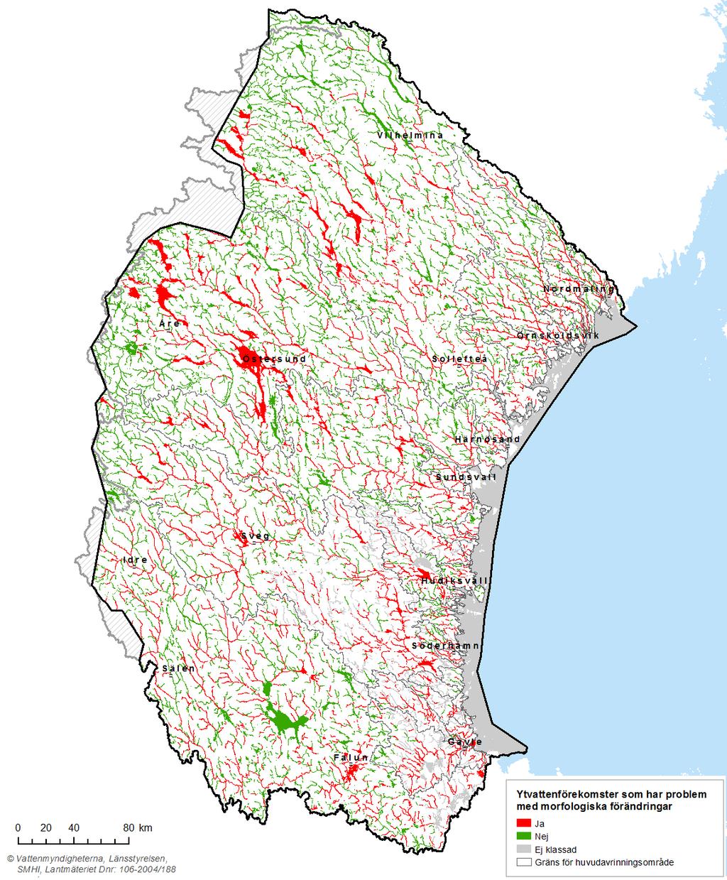 Karta 2.16. Ytvattenförekomster som har problem med morfologiska förändringar i Bottenhavets vattendistrikt.