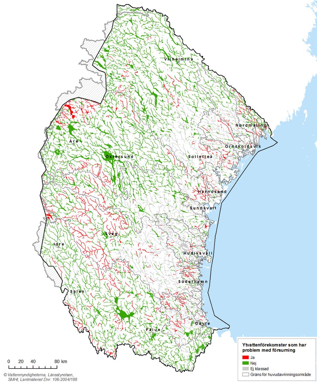 Karta 2.18. Ytvattenförekomster som har problem med försurning i Bottenhavets vattendistrikt.