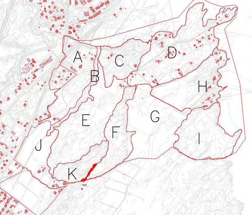 8 DETALJPLAN ÖXNERD SKAVEN 2 Topografi och översiktlig geologi Detaljplaneområdet har för den geologiska beskrivningen delats upp i ett antal mindre områden, se Figur 2.