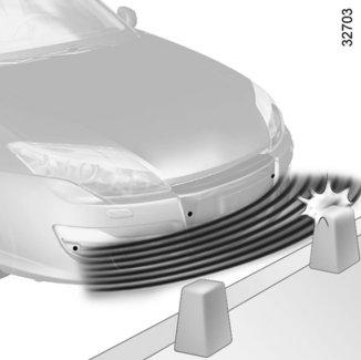 PARKERINGSASSISTANS (2/4) Parkeringsassistans fram (beroende på bil) Funktion Parkeringsassistanssystemet aktiveras endast när bilen kör i en hastighet under cirka 10 km/h.