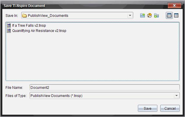 Spara PublishView -dokument Spara ett nytt dokument 1. Klicka på Arkiv > Spara dokument. eller Klicka på. Dialogrutan Spara TI-Nspire -dokument öppnas. 2. Gå till mappen där du vill spara dokumentet.