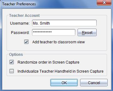 Ändra lösenordet till ditt lärarkonto[ 1. Kontrollera att du inte är inloggad på TI-Nspire Navigator -nätverket med din handenhet. 2. Klicka på Arkiv > Inställningar > Lärarpreferenser.