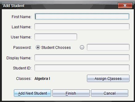 2. Klicka på Klass > Lägg till elev eller klicka på. Dialogrutan Lägg till elev öppnas. 3. Skriv in elevens förnamn och efternamn. 4. Skriv in ett användarnamn.
