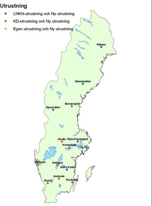 Figur 1. Karta över mätplatsernas placering i Sverige. Under 2009 sattes den nya utrustningen ut på de olika platserna.
