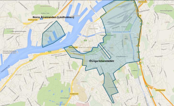Karta 2. Centrala kontorsmiljöerna CBD, Övriga innerstaden samt Norra Älvstranden.