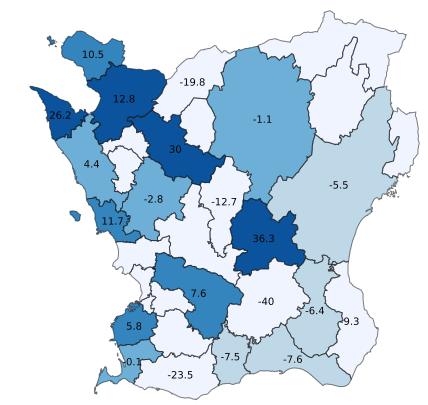 5 Nio av Skånes kommuner ökar Bland Skånes kommuner har nio st en positiv gästnattsutveckling under perioden jan-maj 2018, 12 kommuner backar i antal gästnätter och bortfallet motsvarar 12 kommuner