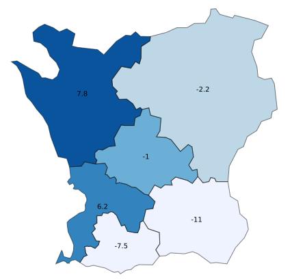 Störst procentuell ökning i perioden har Hörby (+36,3 %) medan Malmö har den största utveckling i antal gästnätter.