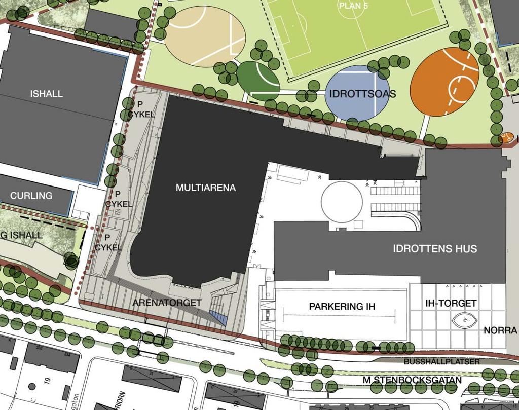 5(6) Dnr 703/2010 PLANENS UTFORMNING Dispositionen i stort Föreslagen arenabyggnad består av en högre byggnadsdel, med en högsta totalhöjd på 25 m, som innehåller anläggningens huvudarena samt en