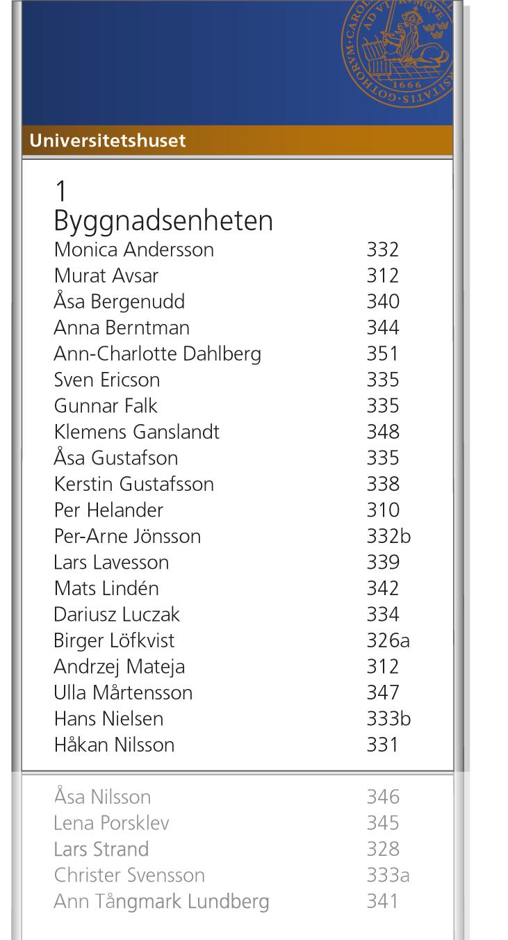 Lunds universitet skyltmanual 11 Våningsregister Våningsregistret visar vad som finns på den aktuella våningen i fastigheten. Skylten sitter oftast placerad i anslutning till trapphus och hissar.