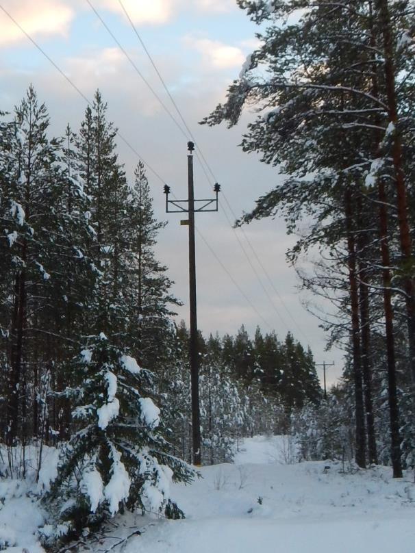 3.2 Ledningens utformning Ledningen är uppförd i trästolpar, främst enkelstolpar med triangelplacerade faslinor men även portalstolpar med horisontalplacerade faslinor förekommer.