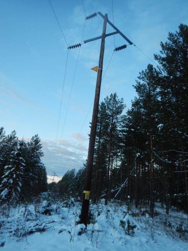 Ledningen har en driftspänning på omkring 55 kv. Figur 3. Enkelstolpe i trä med triangelplacerade faslinor Figur 4. Vinkelstolpe i trä med triangelplacerade faslinor 3.