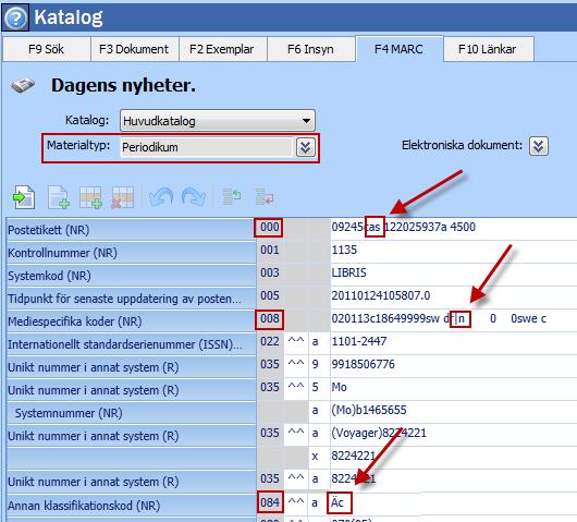 Tidningar Tidningar kodas: Fält 000 position 7 = s Fält 008 position 21 = n I kulturrådsstatistiken räknas utlån av tidningar ihop med utlån av fack- respektive skönlitteratur för barn resp. vuxna.