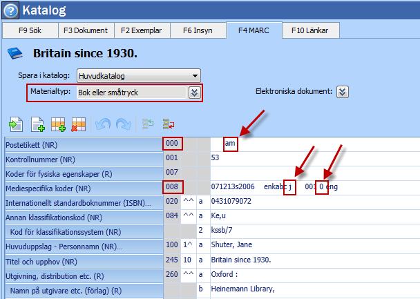 Facklitteratur för vuxna Tryckt monografi kodas: Fält 000 position 6 = a och position 7 = m I fält 008