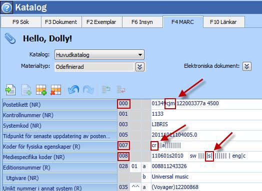 E-musik Musik i fjärråtkomst, e-musik kodas: Fält 000 position 6 = j och position 7 = m Fält 007 kodas cr = Elektroniskt lagrade resurser/fjärråtkomst, övriga positioner fylls med lodstreck I fält