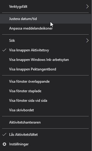 Justera datum/tid (Sidorna 27-28 i Grundboken Windows 10.