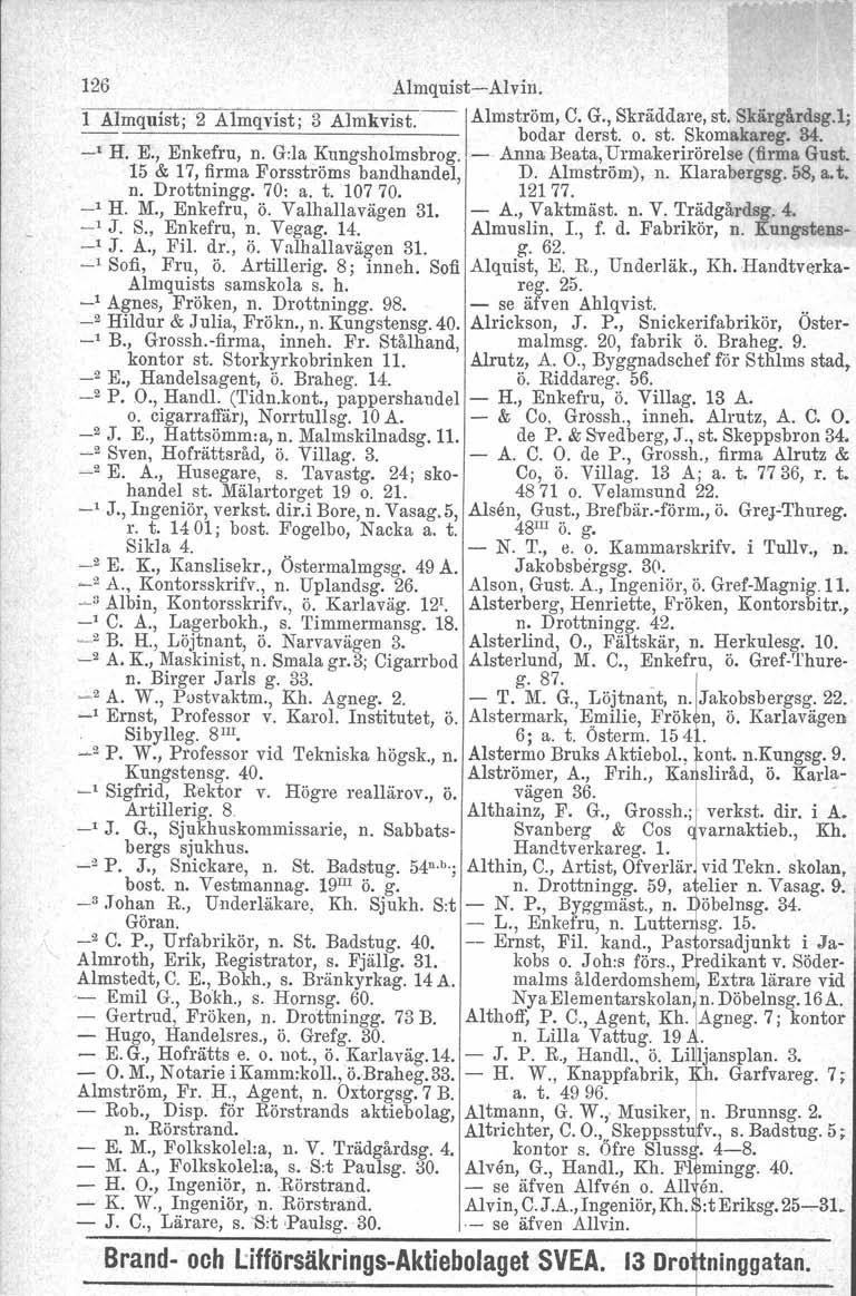 126 Almquist-Alvin. 1 Almquist; 2 Almqvist; 3 Almkvist. IAlmström, C. G., Skräddare, st. Skärgårdsg.l; bodar derst. o. st. Skomakareg. 34. _1 H. E., Enkefru, n. G:la Kungsholmsbrog.