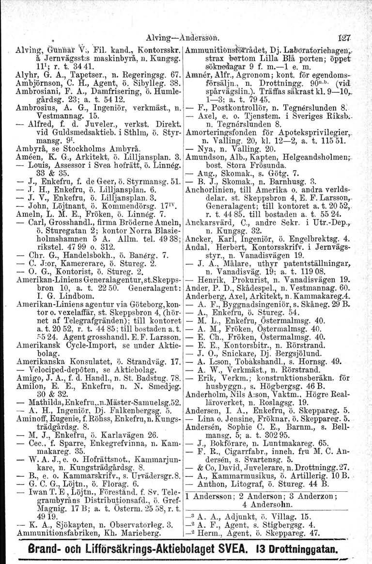 Alvi11g-Anderss'on. 1.27 Alvin~, Gunnar V;, Fil. kand., Kontorsekr. Ammuniti1iilsfö~J:ådet, Dj. Laboratoriehagen; å Jernvägsst.s maskinbyrå. n. Kungsg. strax bortorn Lilla Blå porten; öppet. IF; r. t.