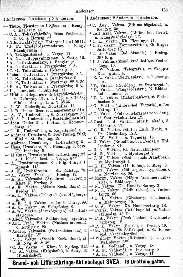 Andersson. I 1 Andersson j 2 Anderson; 3Anderzon. i Andersson j 2 'Anderson j 3 Anderzon. _1 Thure, Tjensteman i Sjöassurans-Komp., _1 C. Aug., Vaktm, (Sthlms högskola), n. ö. Karlaväg. 44. Kungsg.