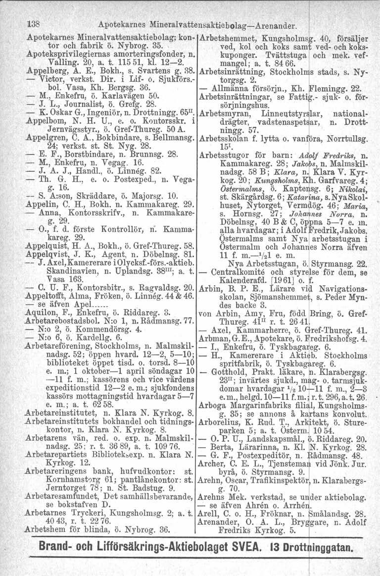 138 Apotekarnes Mineralvattensakticbolag-Arenander. Apotekarnes Mineralvattensaktiebolag; kon- Arbetshemmet, Kungsholms. 40, försäljer tor och fabrik ö. Nybrog. 35.