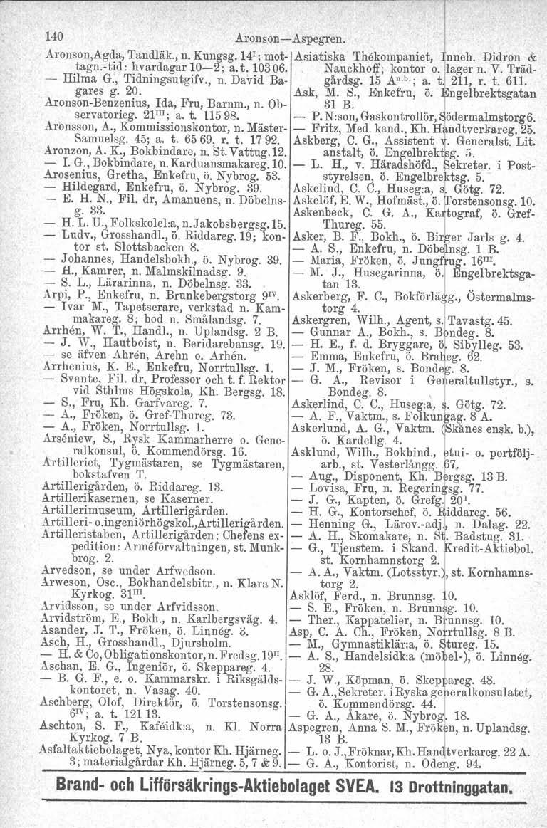 140 Aronson-Aspegren. Aronson,Agda, Tandläk., n. Kungsg. 14 ' ; mot- Asiatiska 'I'hekompaniet, nneh. Didron & tagn.-tid: hvarclagarlo-2; a. t. 10306.. Nauckhoff', kontor o. lager n. V.