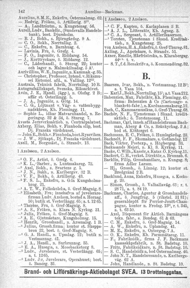 142 Aurelius-Backman. Aurelius, S.M -,E., Enkefru, Östermalmsg. 62"1 Axelsson 2 Axelson. - Hedvig, Fröken, ö. Artillerig. 8IV ----.--' ------------- - A., Landträntm., n. Kungstensg. 56. _1 C. F., Kapten, ö.