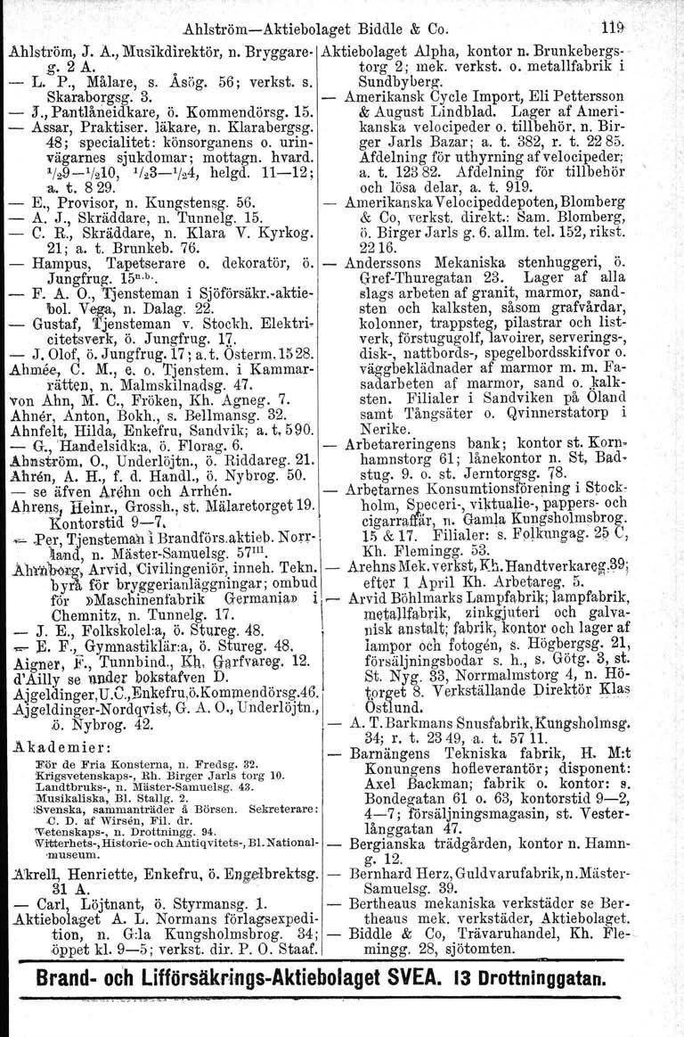 Ahlström-Aktiebolaget Bidclle & 00. 11l) Ahlström, J. A.,1\Iusikdirektör, n. Bryggare- Aktiebolaget Alpha, kontor n. Brunleebergsg. 2 A.. torg 2; mek. verkat. o. metallfabrik i - L. P., Målare, s.