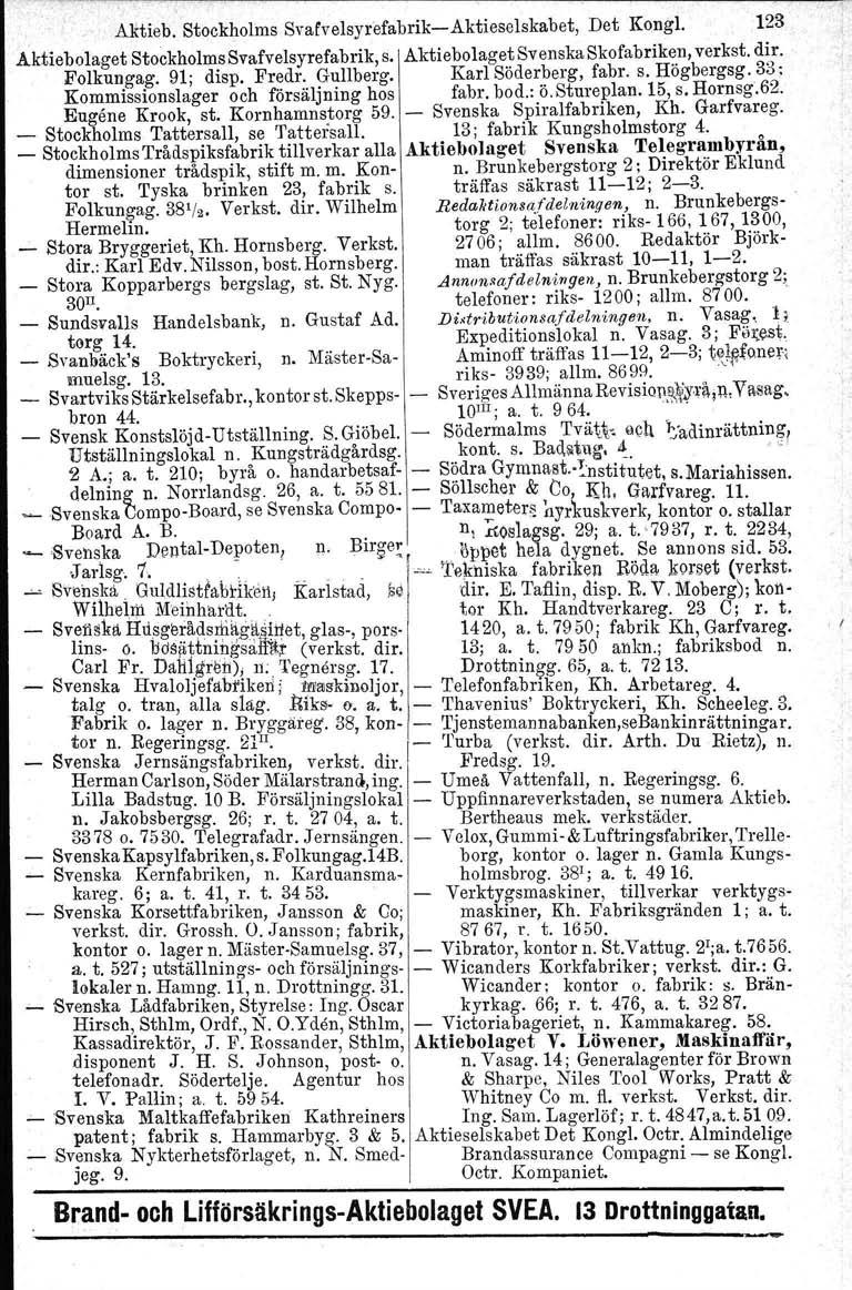 Aktieb. Stockholma Svafvelsyrefabrik-Aktieselskabet, Det Kongl. 123 Aktiebolaget Stockholms Svafvelsyrefabrik, s. Aktiebolage.~ Svenska Skofabrik~.n, verkst. d~r. Folkungag. 91; disp. Fredr. Gullberg.