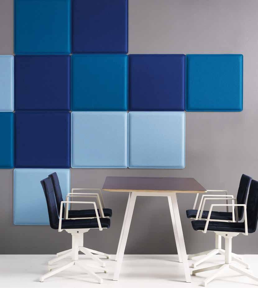 Front - wallabsorbent Acoustic wall panel. Pressed natural fiber panel ECOLIN or ECOPOLY polyester fibers with fabric of wool or bamboo in standard colours. Hidden Velcro suspension.