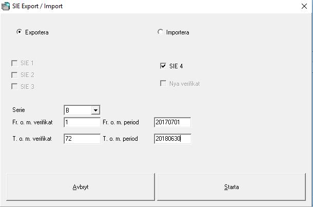 Redovisning Exportera SIE-fil Vid export av SIE-fil kan man numera välja att exportera fr.o.m & t.o.m en period, verifikat och serie.