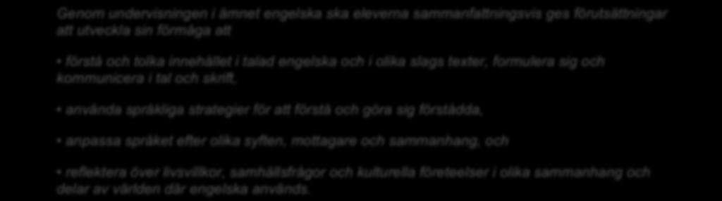 ÄMNE: ENGELSKA MÅLGRUPP: FRÅN 6 ÅR Syfte KOPPLING TILL LGR 11 - ENGELSKA Genom undervisningen i ämnet engelska ska eleverna sammanfattningsvis ges förutsättningar att utveckla sin förmåga att förstå