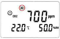 7(9) 3. 3D mode Efter uppstart av instrumentet nås 3D mode genom två korta tryck på MODE-knappen (figur 5). Här loggas CO 2, temperatur och luftfuktighet var 60:e sekund. Drifttid i 3D mode: 45 dagar.