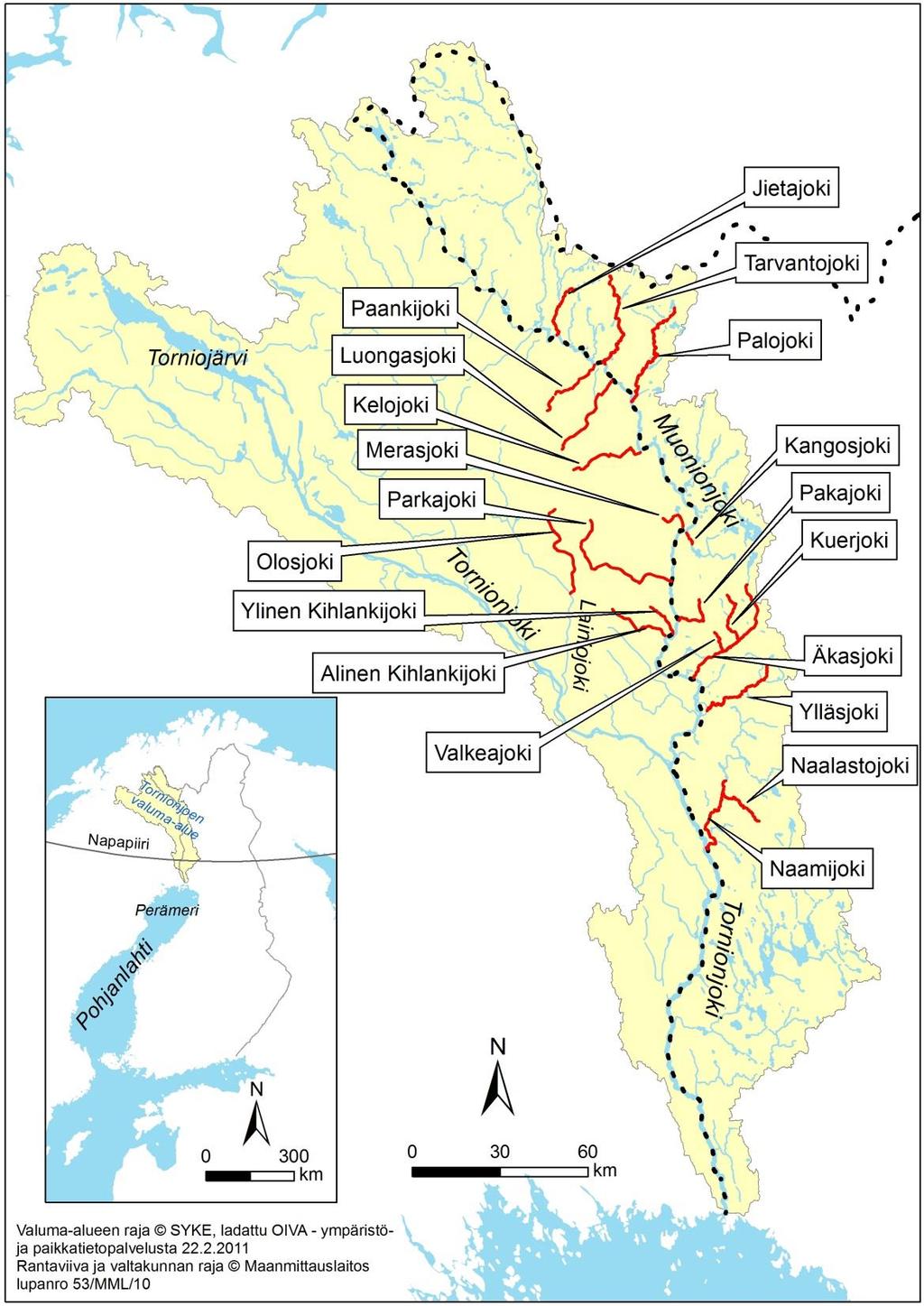 Figur 12. Biflöden som anses viktiga för reproduktion av havsöring i Torneälvens vattensystem.