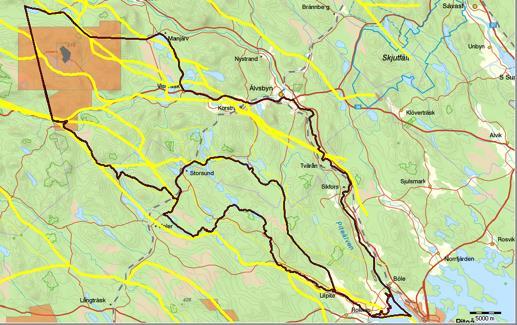 Figur 2 Kartan över det norra vinterbetesområdet Tjidtjakk i Semisjaur-Njarg med flyttleder i gult (från Sametingets databas irenmark 2010)