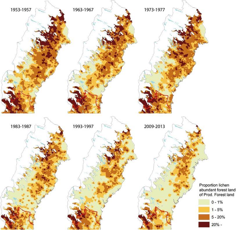 Figur 5. Från (Sandström et al., 2016). Kartan visar andelen lavrik skog inom produktiv skogsmark.
